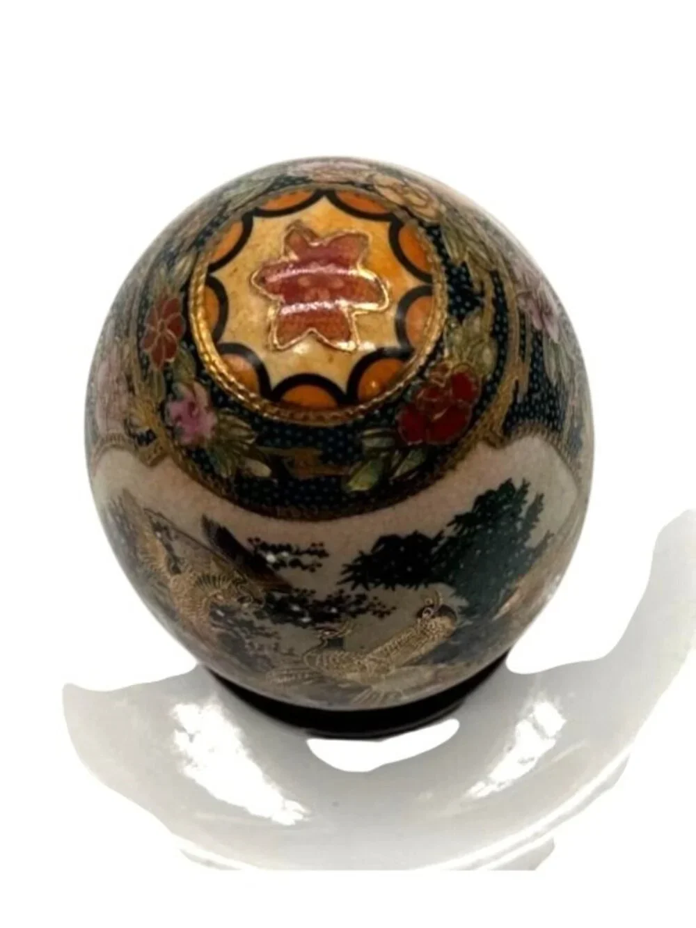 Vintage Satsuma Hand Painted Porcelain Egg Peacock & Floral Gilded 5